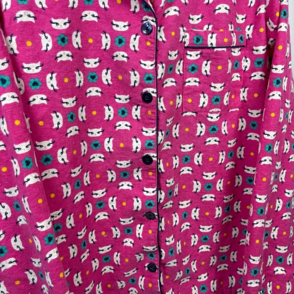 Joe Boxer Women's M Flannel Pajama Set Pink Cat Print Button Up Top & Pants - Picture 10 of 11